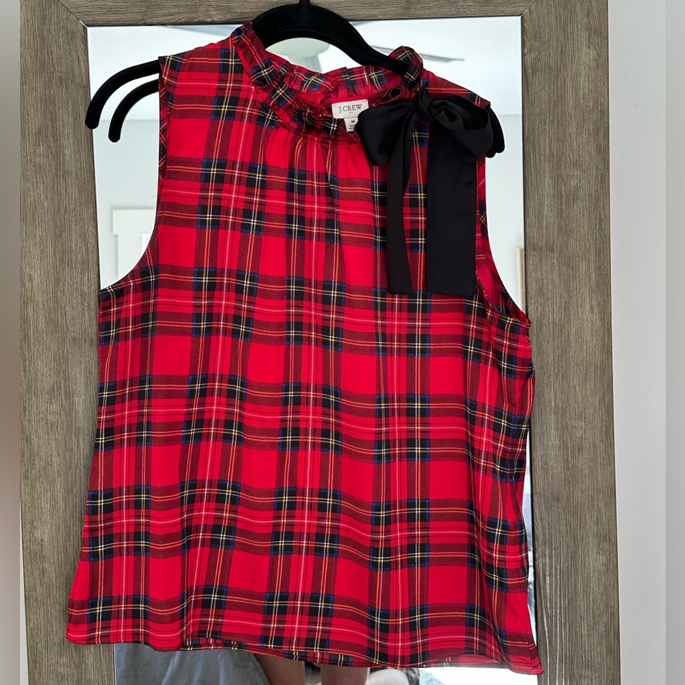 J. Crew Red Plaid Top with Black Bow